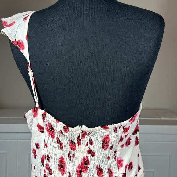 Lucy Paris One Shoulder Midi Dress Cream Red Floral Ruffles Feminine Cocktail L - Picture 12 of 16
